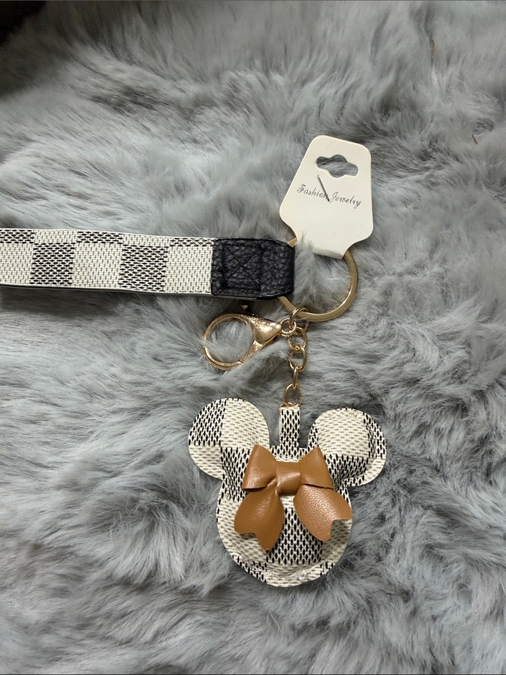 Black and white Checkered Minnie Keychain Wristlet with Tan Bow